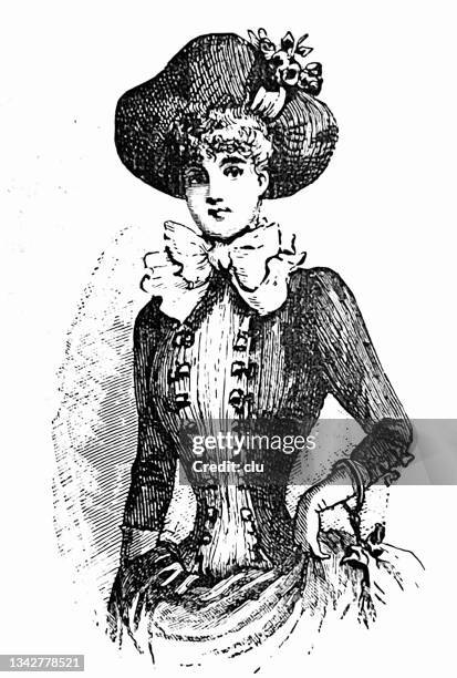 stockillustraties, clipart, cartoons en iconen met latest women's fashion, fashion model presenting a new dress - 1885