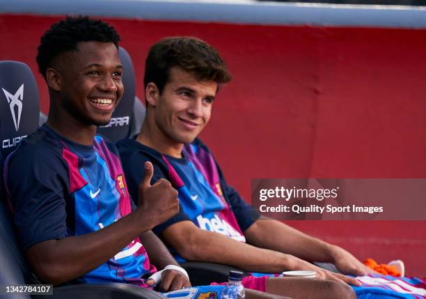 Ansu Fati of FC Barcelona reacts prior to the LaLiga Santander match between FC Barcelona and Levante UD at Camp Nou on September 26, 2021 in...