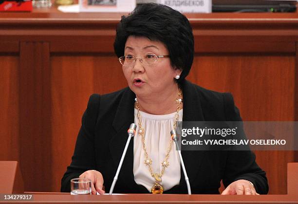 Kyrgyzstan's outgoing president Roza Otunbayeva speaks during her valedictory address at the parliament in the capital Bishkek, on November 30, 2011....