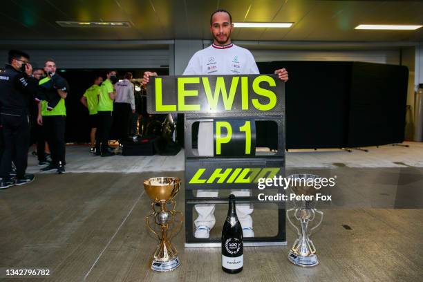 Lewis Hamilton of Mercedes and Great Britain celebrates winning his 100th Grand Prix during the F1 Grand Prix of Russia at Sochi Autodrom on...