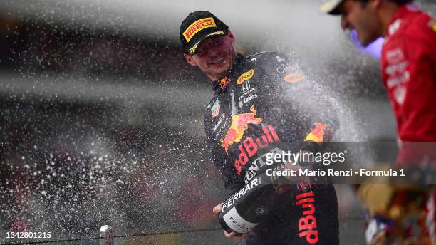 Second placed Max Verstappen of Netherlands and Red Bull Racing celebrates on the podium during the F1 Grand Prix of Russia at Sochi Autodrom on...