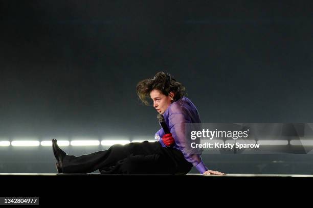 Christine and the Queens performs on stage during Global Citizen Live on September 25, 2021 in Paris, France.