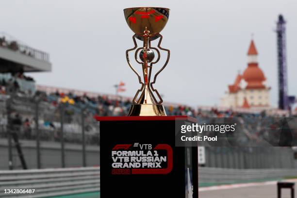 The race winners trophy is pictured on the grid before the F1 Grand Prix of Russia at Sochi Autodrom on September 26, 2021 in Sochi, Russia.