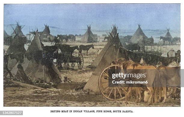 old engraved illustration of drying meat in indian village, pine ridge, south dakota - native americans 1800s stockfoto's en -beelden