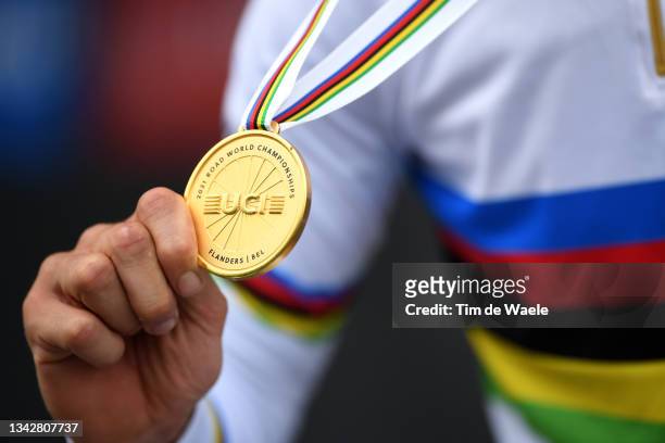Detail view of gold medalist Julian Alaphilippe of France celebrating during the medal ceremony after the 94th UCI Road World Championships 2021 -...