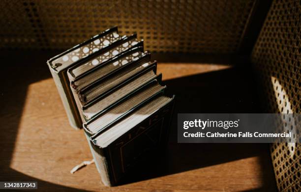 elevated view of old books in sunlight - poesia literatura - fotografias e filmes do acervo