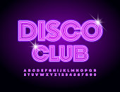 Vector trendy Banner Disco Club. Neon Alphabet Letters and Numbers set