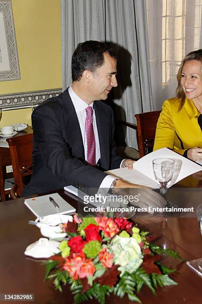 Prince Felipe and Trinidad Jimenez attend Real Instituto Elcano board meeting at Real Instituto Elcano headquarters on November 29, 2011 in Madrid,...