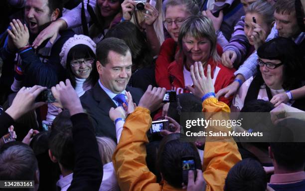 Russian President Dmitry Medvedev greets participants of the Youth Forum in Moscow, Russia, on November 2011. Medvedev met activists of the Russian...