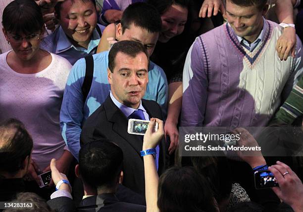 Russian President Dmitry Medvedev greets participants of the Youth Forum in Moscow, Russia, on November 2011. Medvedev met activists of the Russian...