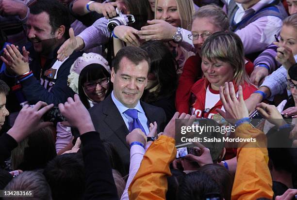 Russian President Dmitry Medvedev greets participants of the Youth Forum in Moscow, Russia, on November 2011. Medvedev met activists of the Russian...