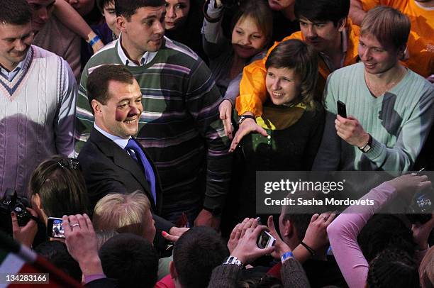 Russian President Dmitry Medvedev greets participants of the Youth Forum in Moscow, Russia, on November 2011. Medvedev met activists of the Russian...