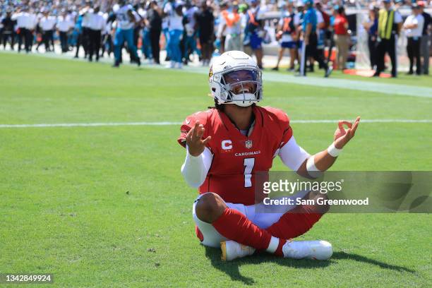 Kyler Murray of the Arizona Cardinals celebrates a touchdown in first quarter in the game against the Jacksonville Jaguars at TIAA Bank Field on...