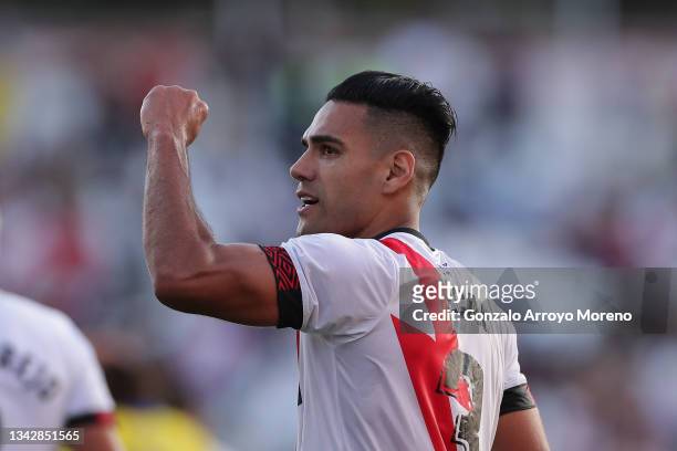Radamel Falcao of Rayo Vallecano de Madrid celebrates scoring their second goal during the LaLiga Santander match between Rayo Vallecano and Cadiz CF...