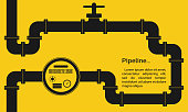 Pipeline background. Oil, water or gas pipe with valve, meter or counter. Plumbing system with gauge. Industrial, construction or technology business infographic. Vector illustration.