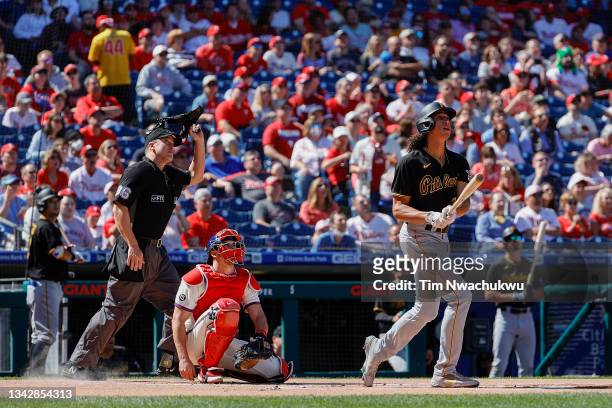 Cole Tucker of the Pittsburgh Pirates hits a home run during the first inning against the Philadelphia Phillies at Citizens Bank Park on September...