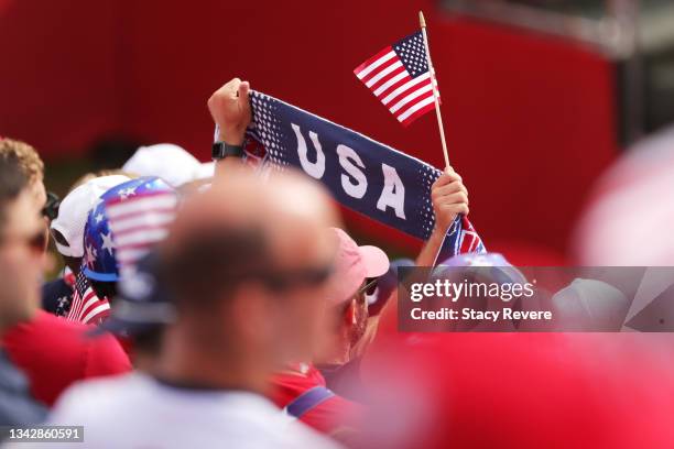 Fans cheer from the first tee grandstand during Sunday Singles Matches of the 43rd Ryder Cup at Whistling Straits on September 26, 2021 in Kohler,...