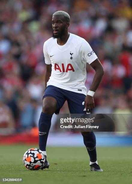 Tanguy Ndombele of Spurs in action during the Premier League match between Arsenal and Tottenham Hotspur at Emirates Stadium on September 26, 2021 in...