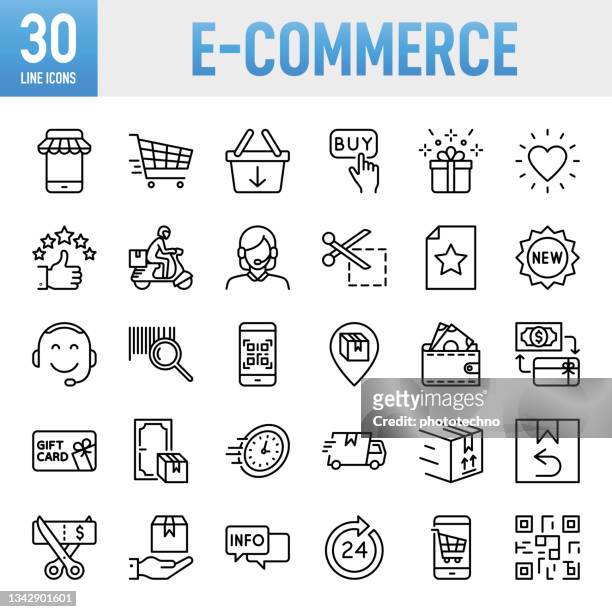 e-commerce - dünne linie vektor icon set. pixel perfekt. für mobile und web. das set enthält icons: e-commerce, online shopping, shopping, delivering, free shipping, store, internet, wunschliste, warenkorb, einkaufstasche, supermarkt - kundenbeziehungsmanagement stock-grafiken, -clipart, -cartoons und -symbole