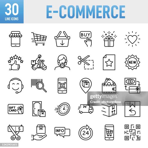 bildbanksillustrationer, clip art samt tecknat material och ikoner med e-commerce - thin line vector icon set. pixel perfect. for mobile and web. the set contains icons: e-commerce, online shopping, shopping, delivering, free shipping, store, internet, wish list, shopping cart, shopping bag, supermarket - ecommerce icon