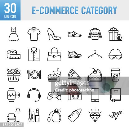 E-Commerce Category - Thin line vector icon set. Pixel perfect. For Mobile and Web. The set contains icons: E-commerce, Online Shopping, Shopping, Delivering, Store, Fashion, Clothing, Jewelry, Food, Fast Food, Supermarket, Electronic E-Commerce Category - Thin line vector icon set. Pixel perfect. For Mobile and Web. The set contains icons: E-commerce, Online Shopping, Shopping, Delivering, Store, Fashion, Clothing, Jewelry, Food, Fast Food, Supermarket, Electronic