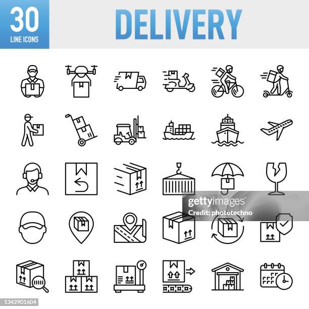 delivery - thin line vector icon set. pixel perfect. for mobile and web. the set contains icons: e-commerce, online shopping, delivering, freight transportation, shipping, package, speed, container, box - container, cargo container, distribution warehouse - e commerce 幅插畫檔、美工圖案、卡通及圖標