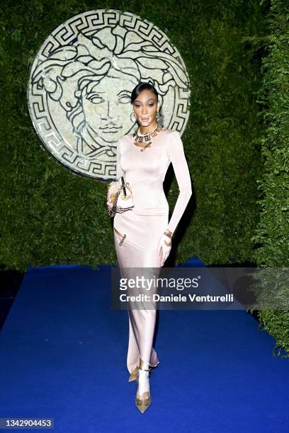Winnie Harlow is seen on the front row of the Versace special event during the Milan Fashion Week - Spring / Summer 2022 on September 26, 2021 in...