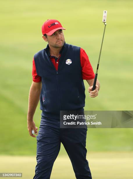Scottie Scheffler of team United States reacts on the sixth green during Sunday Singles Matches of the 43rd Ryder Cup at Whistling Straits on...