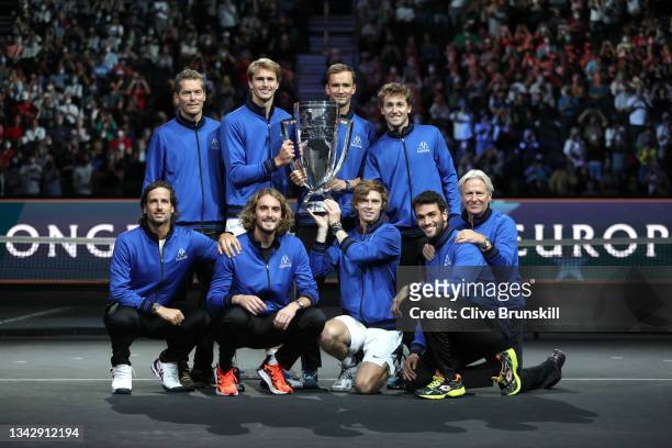 Team Europe poses with the Laver Cup trophy after defeating Team World 14-1 during Day 3 of the 2021 Laver Cup at TD Garden on September 26, 2021 in...