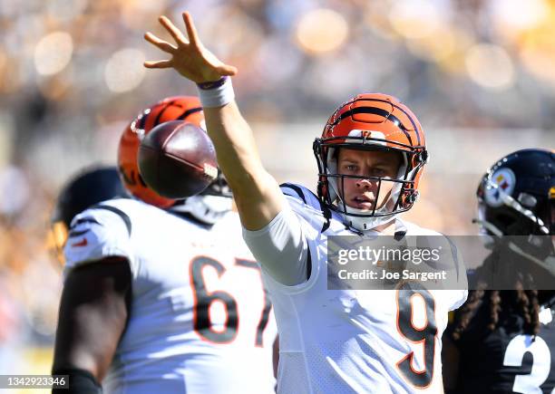 Joe Burrow of the Cincinnati Bengals reacts after a first down during the third quarter in the game against the Pittsburgh Steelers at Heinz Field on...