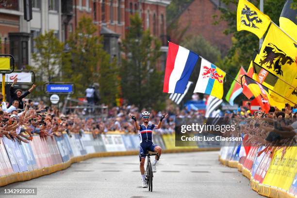 Julian Alaphilippe of France celebrates at finish line as race winner during the 94th UCI Road World Championships 2021 - Men Elite Road Race a...