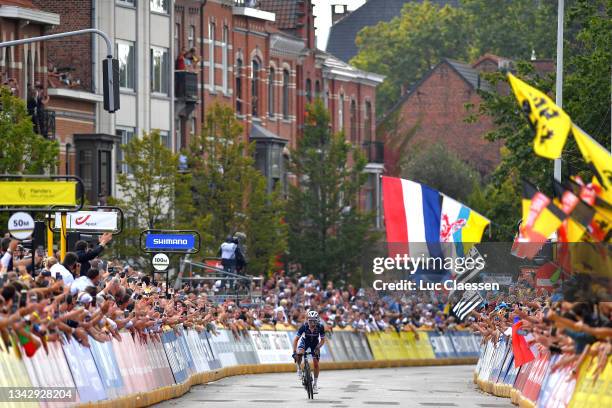 Julian Alaphilippe of France celebrates at finish line as race winner during the 94th UCI Road World Championships 2021 - Men Elite Road Race a...