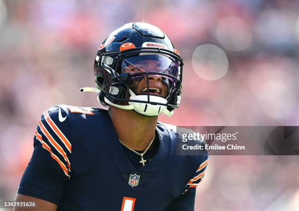Justin Fields of the Chicago Bears during the second half in the game against the Cleveland Browns at FirstEnergy Stadium on September 26, 2021 in...