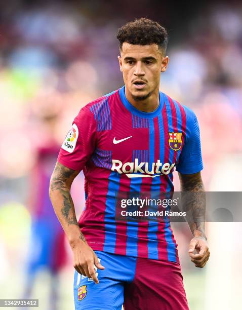 Philippe Coutinho of FC Barcelona looks on during the LaLiga Santander match between FC Barcelona and Levante UD at Camp Nou on September 26, 2021 in...