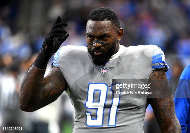 Michael Brockers of the Detroit Lions on the field before the game against the Baltimore Ravens at Ford Field on September 26, 2021 in Detroit,...