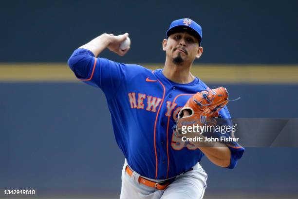 Carlos Carrasco of the New York Mets throws a pitch in the first inning against the Milwaukee Brewers at American Family Field on September 26, 2021...