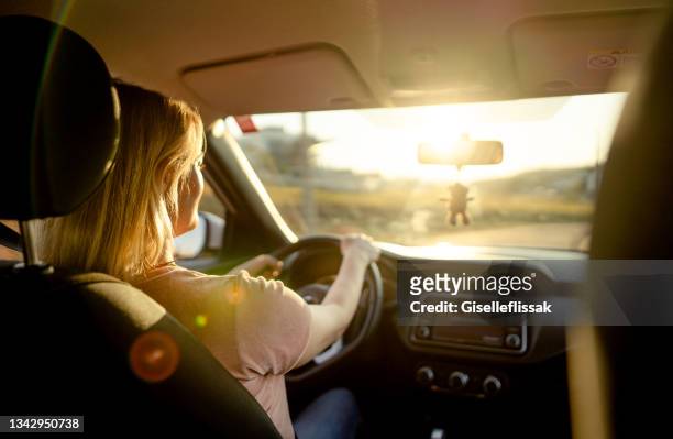 woman driving her car on a road on a late summer afternoon - car rear imagens e fotografias de stock