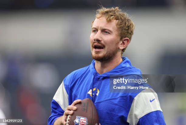 John Wolford of the Los Angeles Rams on the field before the game against the Tampa Bay Buccaneers at SoFi Stadium on September 26, 2021 in...