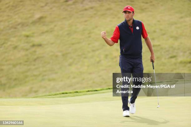 Scottie Scheffler of team United States reacts during Sunday Singles Matches of the 43rd Ryder Cup at Whistling Straits on September 26, 2021 in...