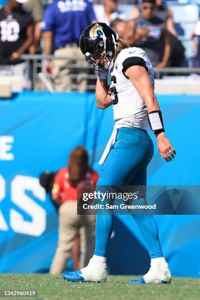 Trevor Lawrence of the Jacksonville Jaguars leaves the field during the fourth quarter in the game against the Arizona Cardinals at TIAA Bank Field...