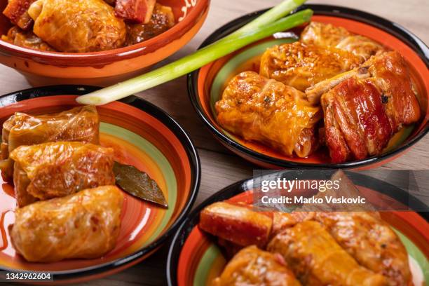 traditional balkan and serbian food "sarma", serbian stuffed cabbage stock photo - serbia food stock pictures, royalty-free photos & images