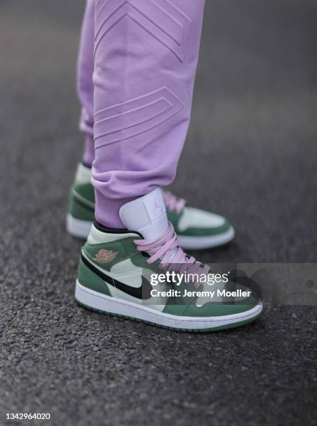 Sonia Lyson wearing Nike Air Jordan sneakers, and light purple kca lab sweats set on September 22, 2021 in Berlin, Germany.