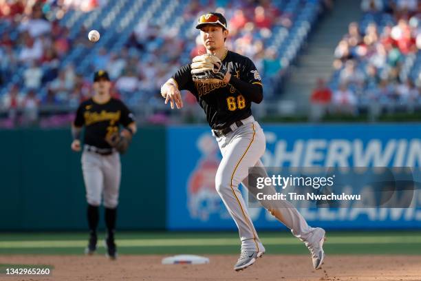 Hoy Park of the Pittsburgh Pirates throws to first base during the ninth inning against the Philadelphia Phillies at Citizens Bank Park on September...