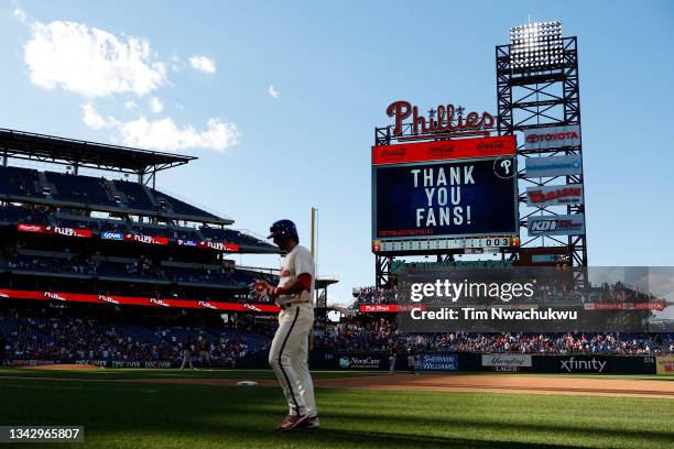 Matt Vierling of the Philadelphia Phillies walks on during the ninth inning against the Pittsburgh Pirates at Citizens Bank Park on September 26,...