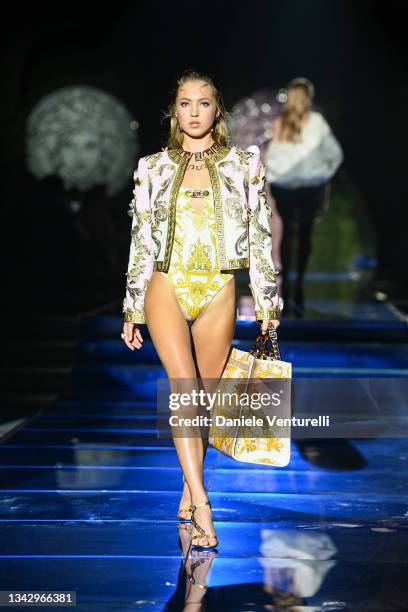 Lila Grace Moss Hack walks the runway at the Versace special event during the Milan Fashion Week - Spring / Summer 2022 on September 26, 2021 in...