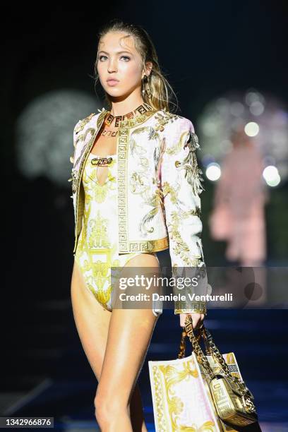 Lila Grace Moss Hack walks the runway at the Versace special event during the Milan Fashion Week - Spring / Summer 2022 on September 26, 2021 in...