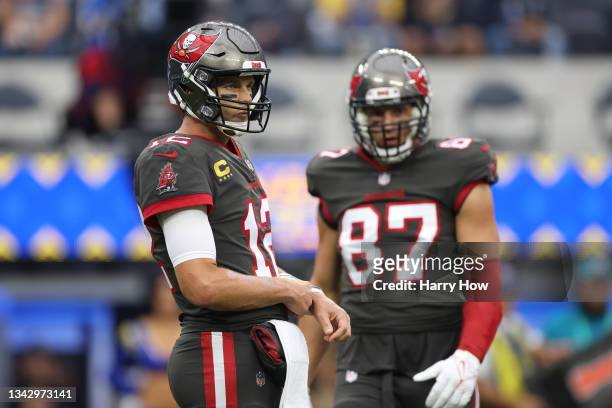 Tom Brady and Rob Gronkowski of the Tampa Bay Buccaneers on the field during the first quarter in the game against the Los Angeles Rams at SoFi...