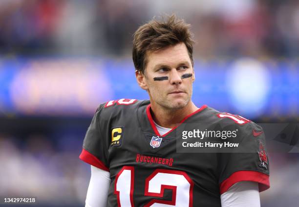 Tom Brady of the Tampa Bay Buccaneers on the sideline during the first quarter in the game against the Los Angeles Rams at SoFi Stadium on September...