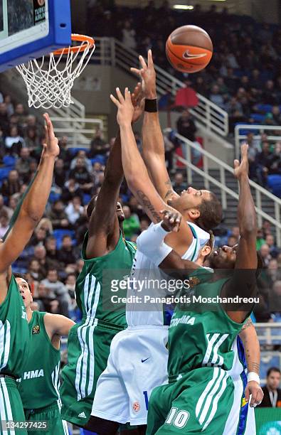 Sean Gregory May, # 14 of KK Zagreb competes with Romain Sato, #10 of Panathinaikos Athens during the 2011-2012 Turkish Airlines Euroleague Regular...