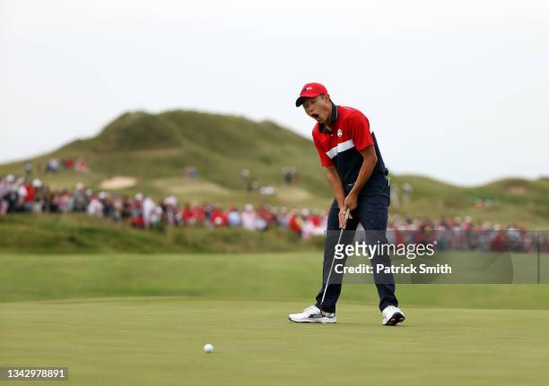 Collin Morikawa of team United States reacts on the 16th green during Sunday Singles Matches of the 43rd Ryder Cup at Whistling Straits on September...